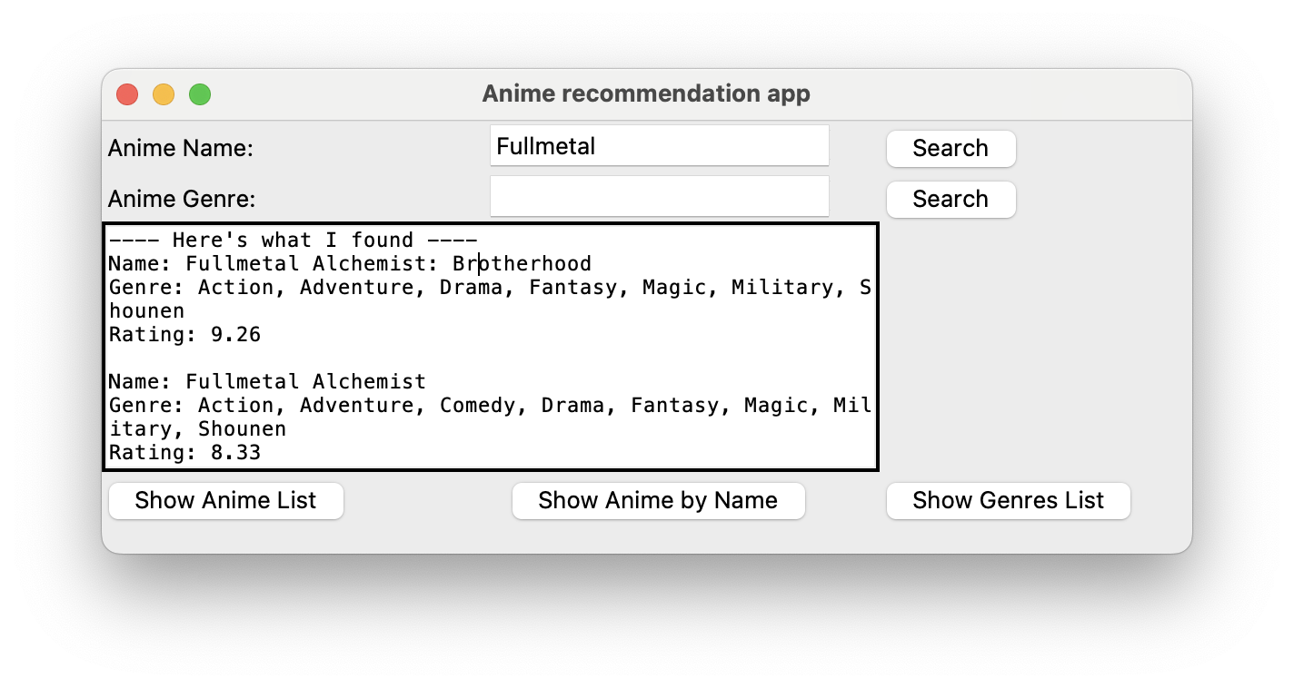 anime recommendation GUI